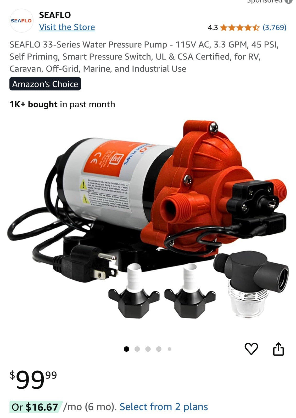 SEAFLO Water Pressure 12-V 3.0 GPM 33 Series Automatic Demand Diaphragm Pump