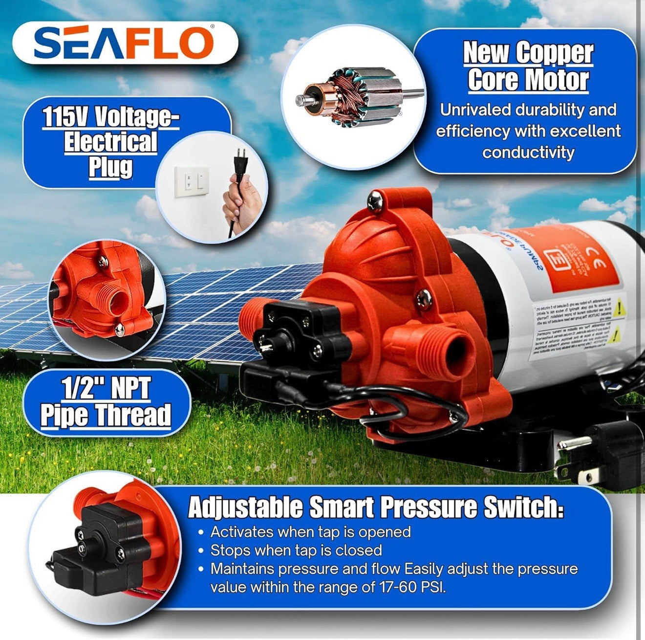 SEAFLO Water Pressure 12-V 3.0 GPM 33 Series Automatic Demand Diaphragm Pump
