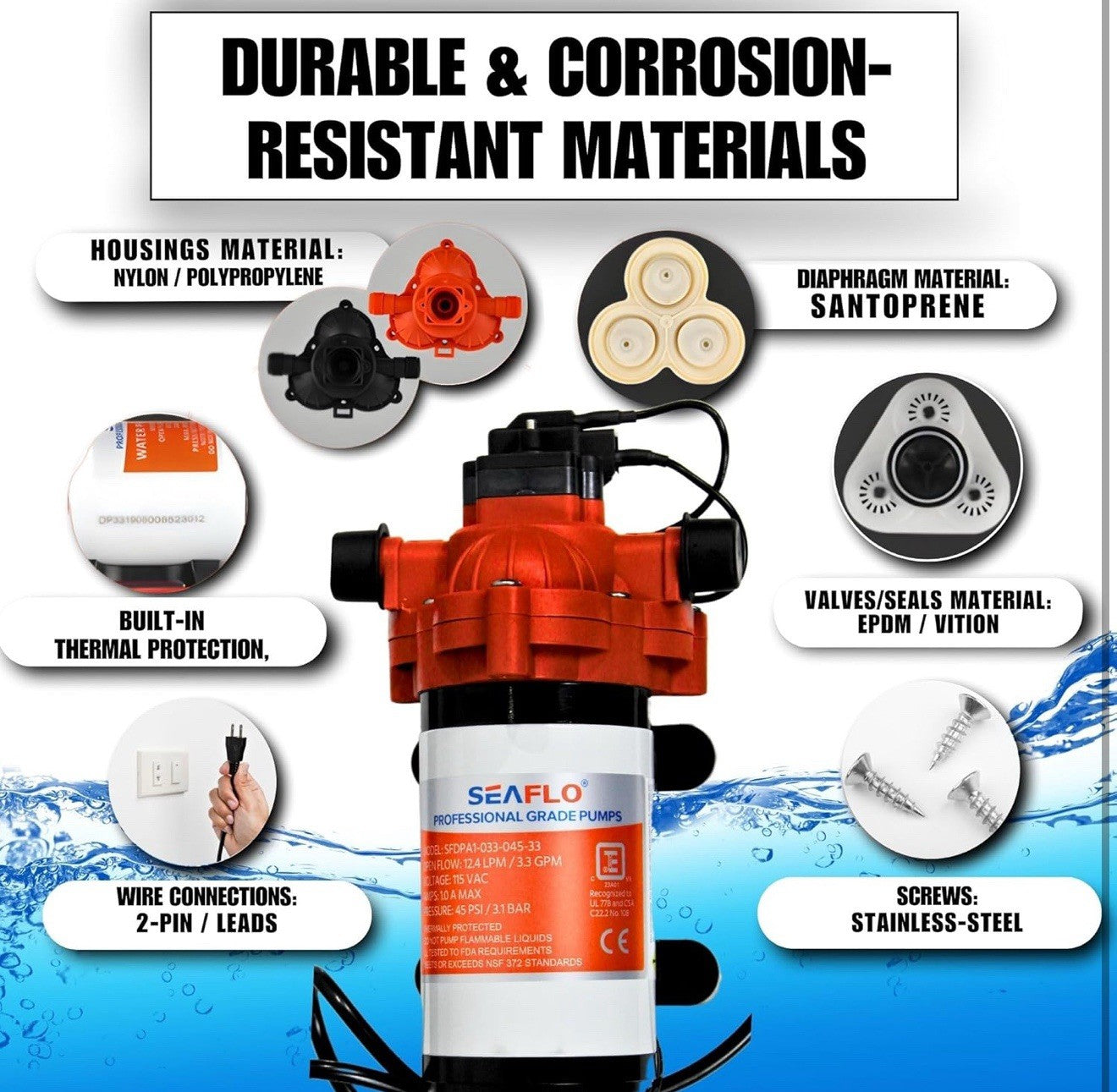 SEAFLO Water Pressure 12-V 3.0 GPM 33 Series Automatic Demand Diaphragm Pump